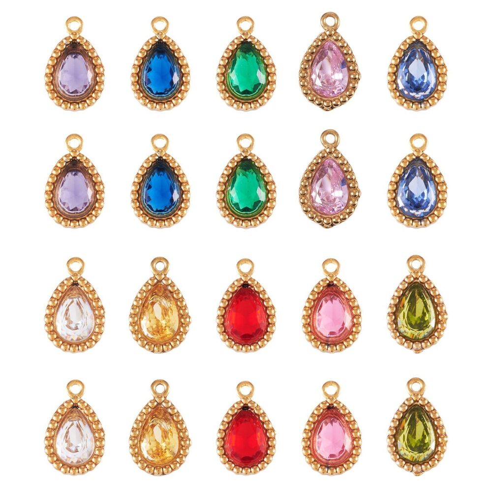 4436 Pandahall 20Pcs 18K Gold Plated Teardrop Rhinestone Charms Stainless